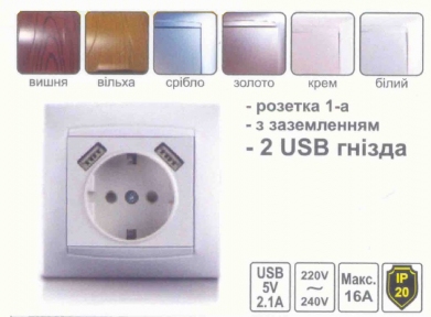 Розетка 1-я з заз. + гнізда 2 USB LEMANSO Сакура вільха LMR1431 24430