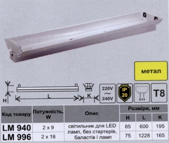 Металічний Світильник для LED 2x9W 600mm  Lemanso / LM940