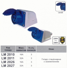 Гніздо стаціонарне LM2010 (ГС) Lemanso 16А/3п (2п+н) 220-240V IP44 синє / упак=2шт 50028