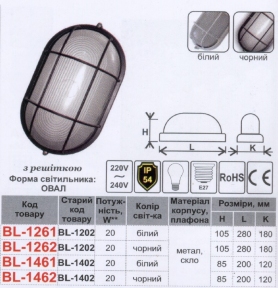 Світильник LEMANSO овал метал. 60W з реш. BL-1462 чорний (BL-1402) гар.60днів
