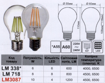 Лампа Lemanso світлодіодна 10W A60 E27 COB 1200LM 6500K 220V / LM3087