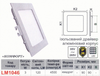 LED панель Lemanso 3W 120LM 85-265V 4500K квадрат / LM1046 Комфорт 332920