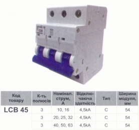 Автоматичний вимикач MCB Lemanso 4.5KA (тип С) 3п 16A  LCB45 49419