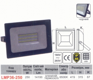 Прожектор LED 250w 6500K 5COB IP65 14100LM LEMANSO чорний/ LMP36-250 692250