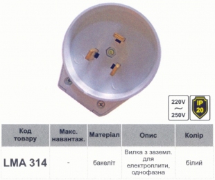 Вилка для електроплит однофазна з заземл біла Lemanso LMA314 55021
