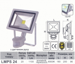 Прожектор LED 20w 6500K IP65 1100LM LEMANSO 100-265V з датчиком сірий/ LMPS24 692235